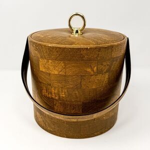 Vintage Retro Faux Wood Ice Bucket Gold Clasp Handle & Lid MCM Bar Cart Essentia